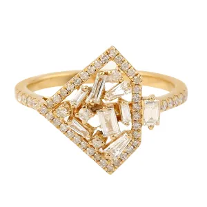 Baguette Pave Diamond Designer Cluster Ring In 18k Yellow Gold