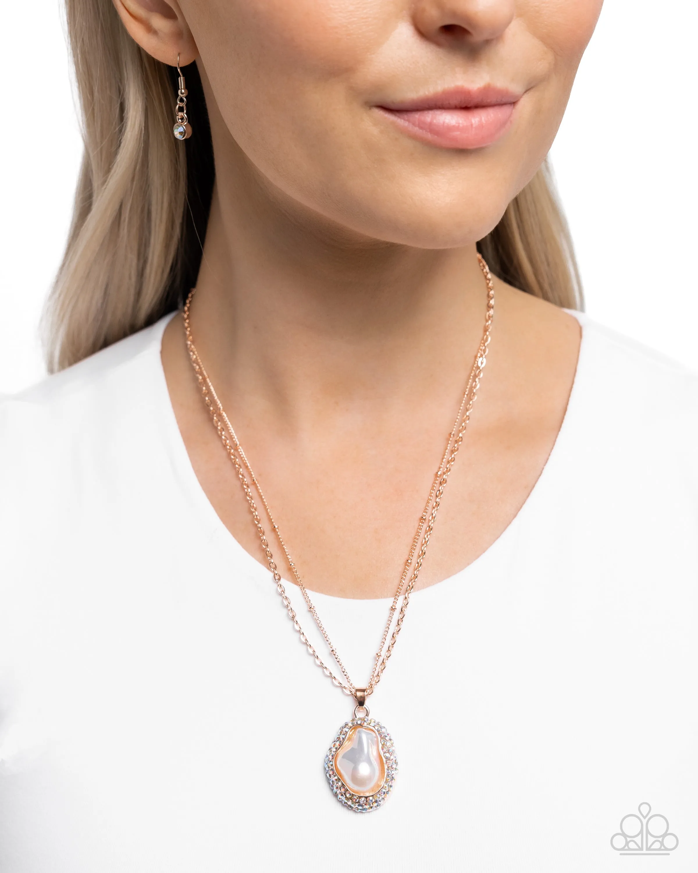 Beachy Baroness - Rose Gold - Asymmetrical Iridescent Pearl Paparazzi Short Necklace