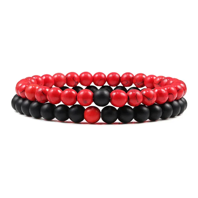 Beaded Bracelets Bangles Set Natural Lava Stone Couples Distance Energy Elastic Rope Men Women Best Friend Jewelry Gift