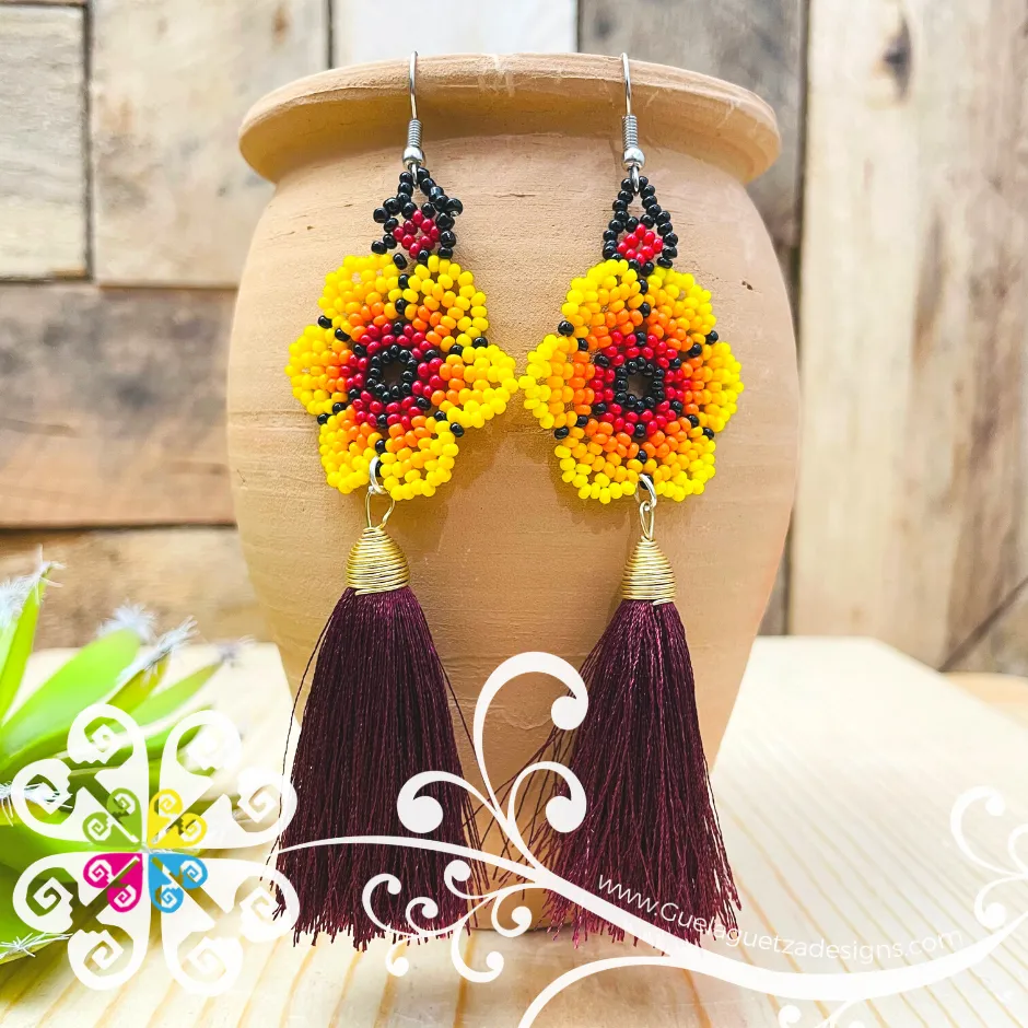 Beaded Flower with Tassel Earrings