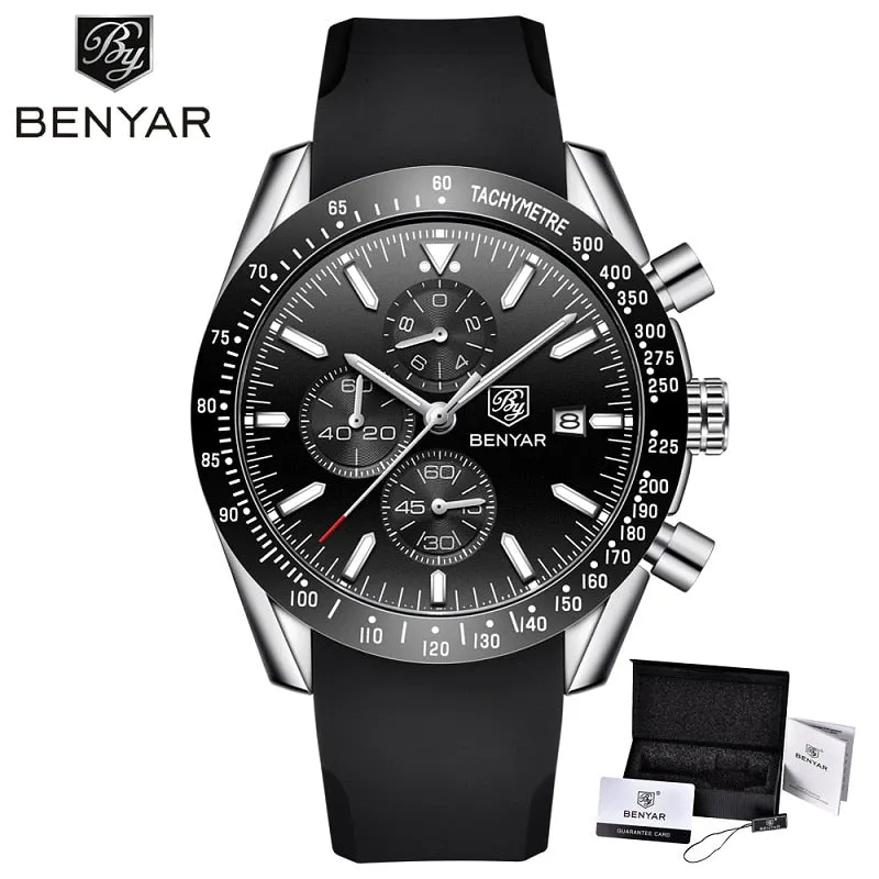 BENYAR Men Watches Brand Luxury Silicone&amp;Steel Band Wristwatches Man Leather Chronograph Quartz Military Watch Relogio Masculino