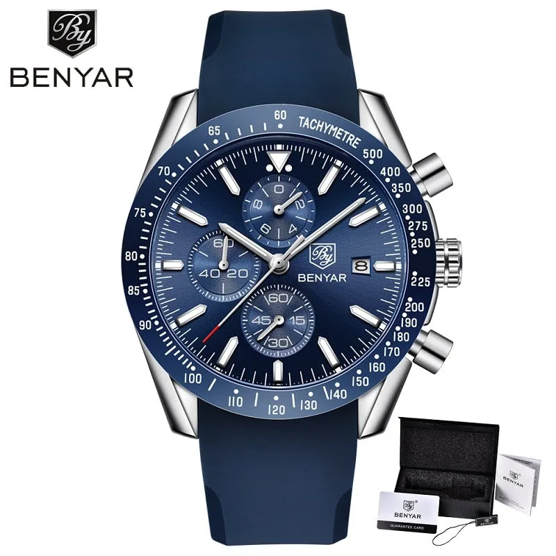 BENYAR Men Watches Brand Luxury Silicone&amp;Steel Band Wristwatches Man Leather Chronograph Quartz Military Watch Relogio Masculino