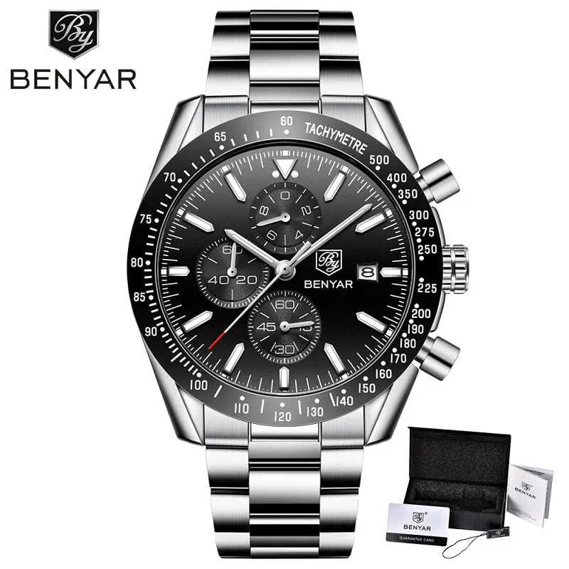 BENYAR Men Watches Brand Luxury Silicone&amp;Steel Band Wristwatches Man Leather Chronograph Quartz Military Watch Relogio Masculino