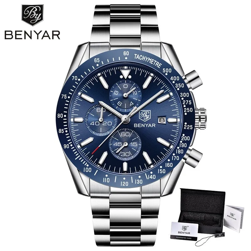 BENYAR Men Watches Brand Luxury Silicone&amp;Steel Band Wristwatches Man Leather Chronograph Quartz Military Watch Relogio Masculino