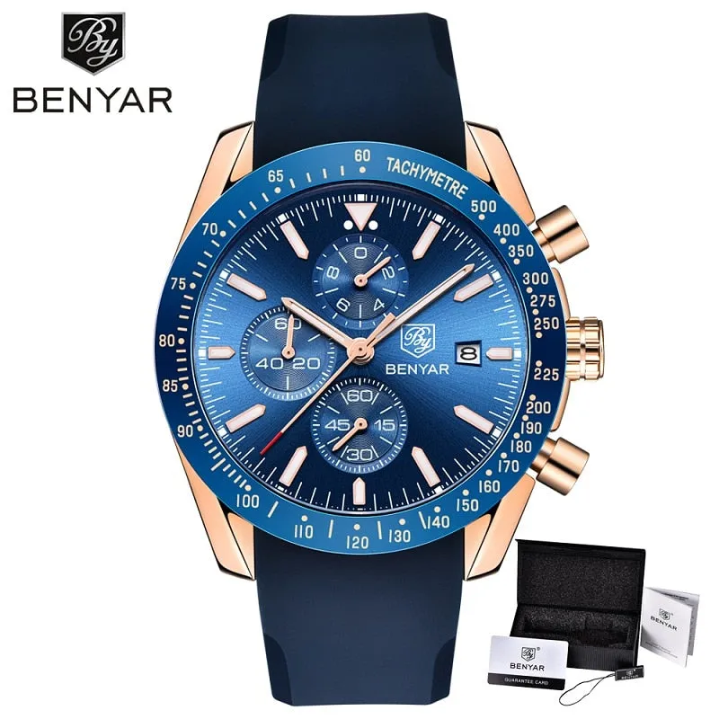 BENYAR Men Watches Brand Luxury Silicone&amp;Steel Band Wristwatches Man Leather Chronograph Quartz Military Watch Relogio Masculino