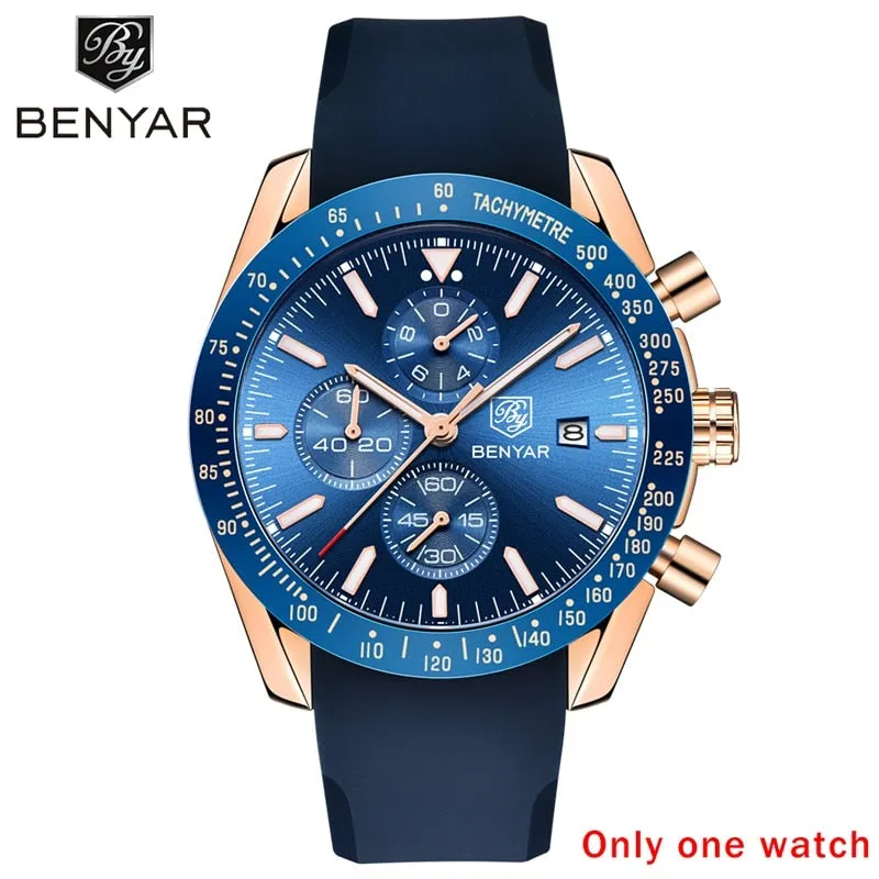 BENYAR Men Watches Brand Luxury Silicone&amp;Steel Band Wristwatches Man Leather Chronograph Quartz Military Watch Relogio Masculino