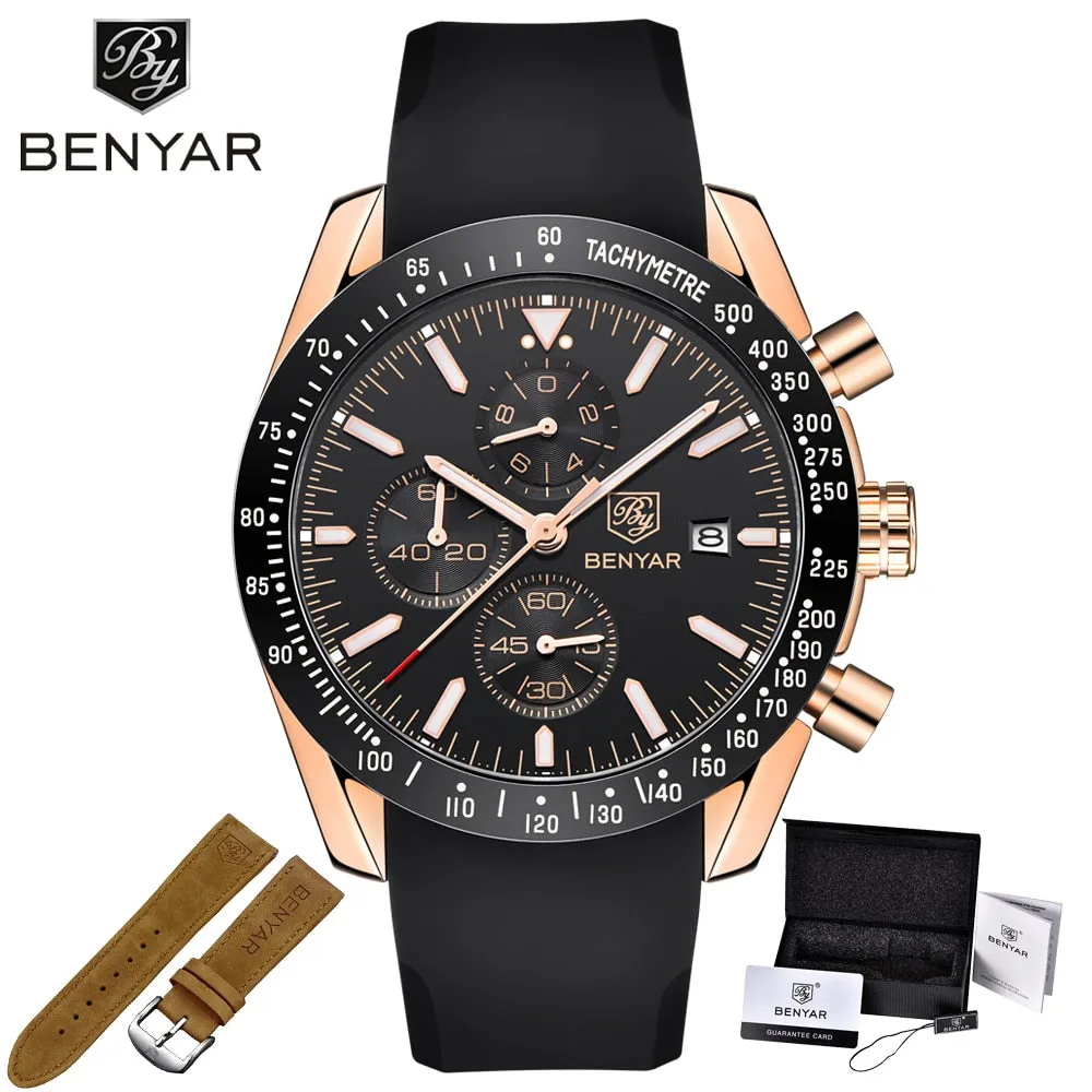 BENYAR Men Watches Brand Luxury Silicone&amp;Steel Band Wristwatches Man Leather Chronograph Quartz Military Watch Relogio Masculino