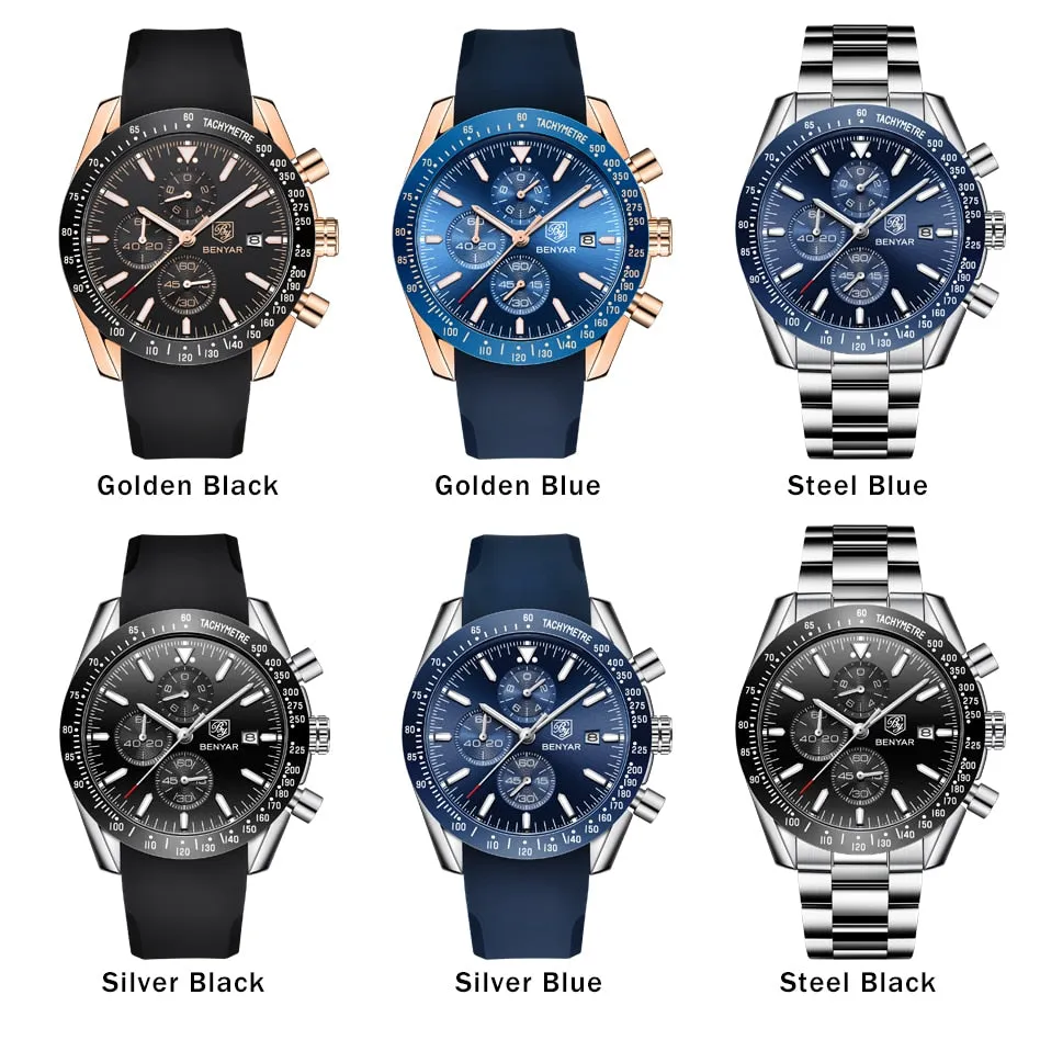 BENYAR Men Watches Brand Luxury Silicone&amp;Steel Band Wristwatches Man Leather Chronograph Quartz Military Watch Relogio Masculino