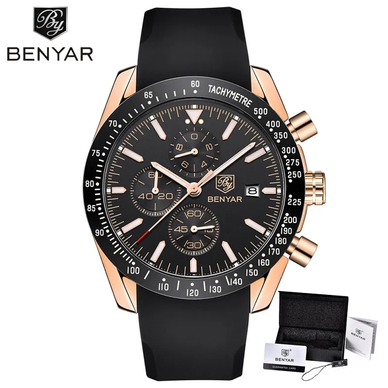 BENYAR Men Watches Brand Luxury Silicone&amp;Steel Band Wristwatches Man Leather Chronograph Quartz Military Watch Relogio Masculino