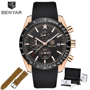 BENYAR Men Watches Brand Luxury Silicone&amp;Steel Band Wristwatches Man Leather Chronograph Quartz Military Watch Relogio Masculino