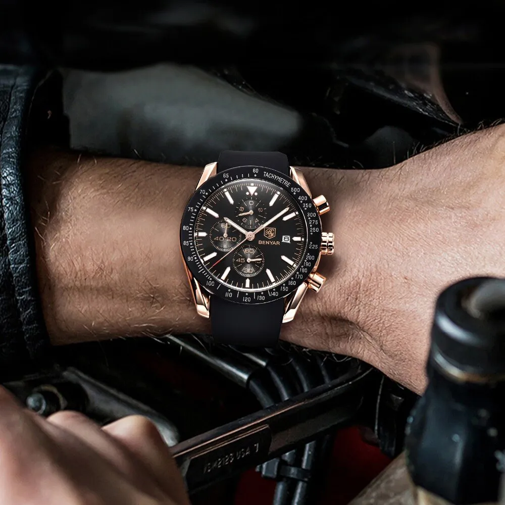 BENYAR Men Watches Brand Luxury Silicone&amp;Steel Band Wristwatches Man Leather Chronograph Quartz Military Watch Relogio Masculino