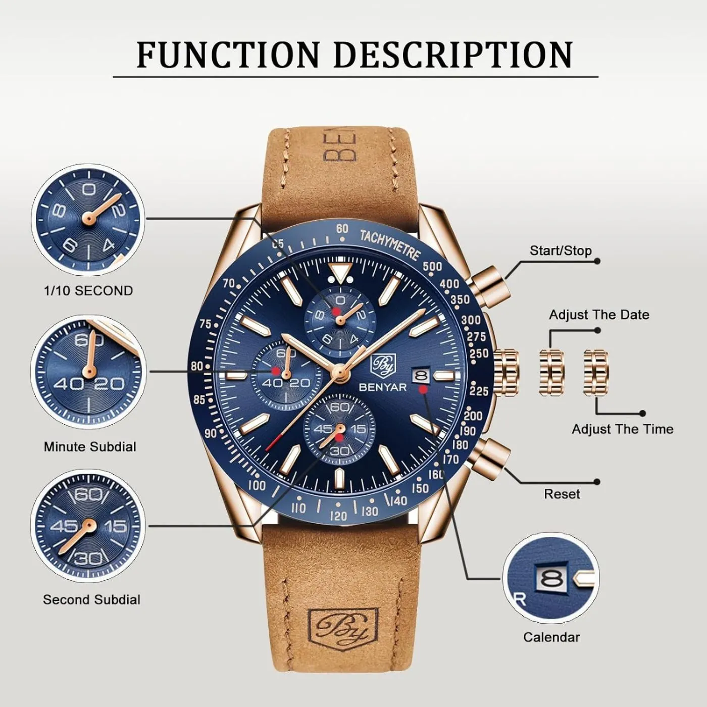 BENYAR Men's Luxury Business Casual Party-Wear Leather Chronograph Date Display Watch
