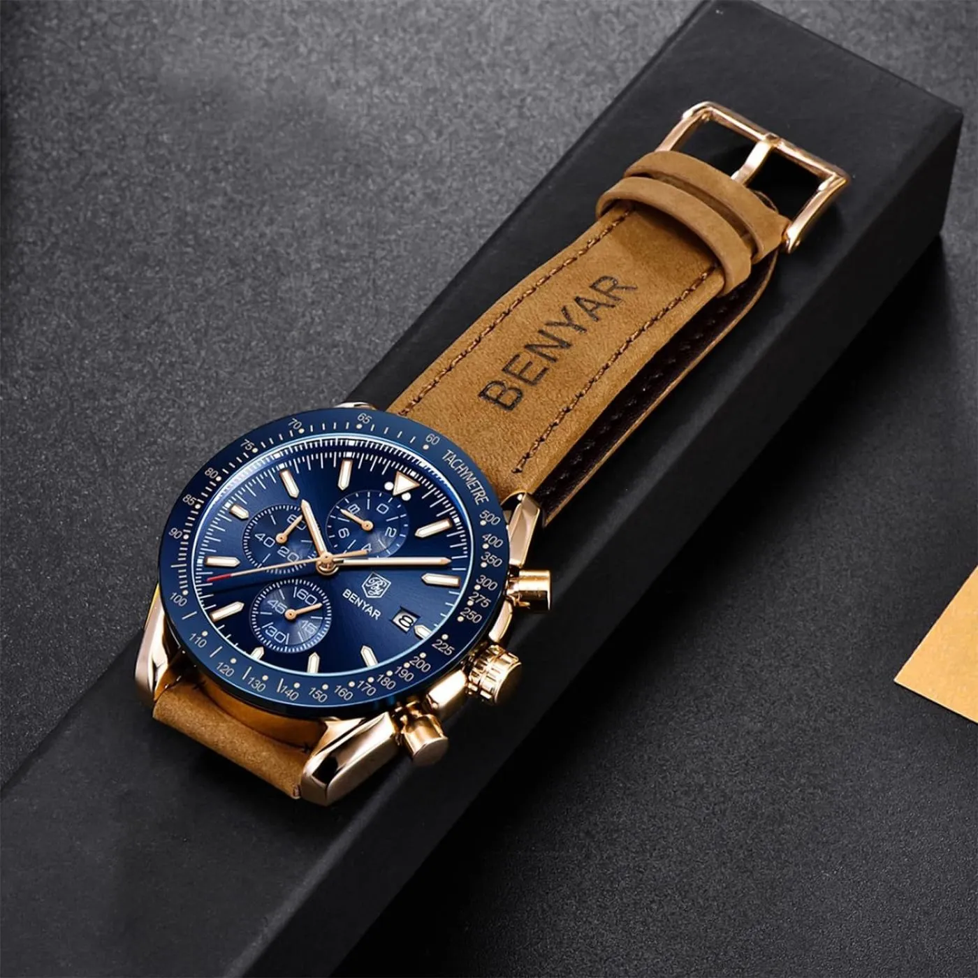 BENYAR Men's Luxury Business Casual Party-Wear Leather Chronograph Date Display Watch