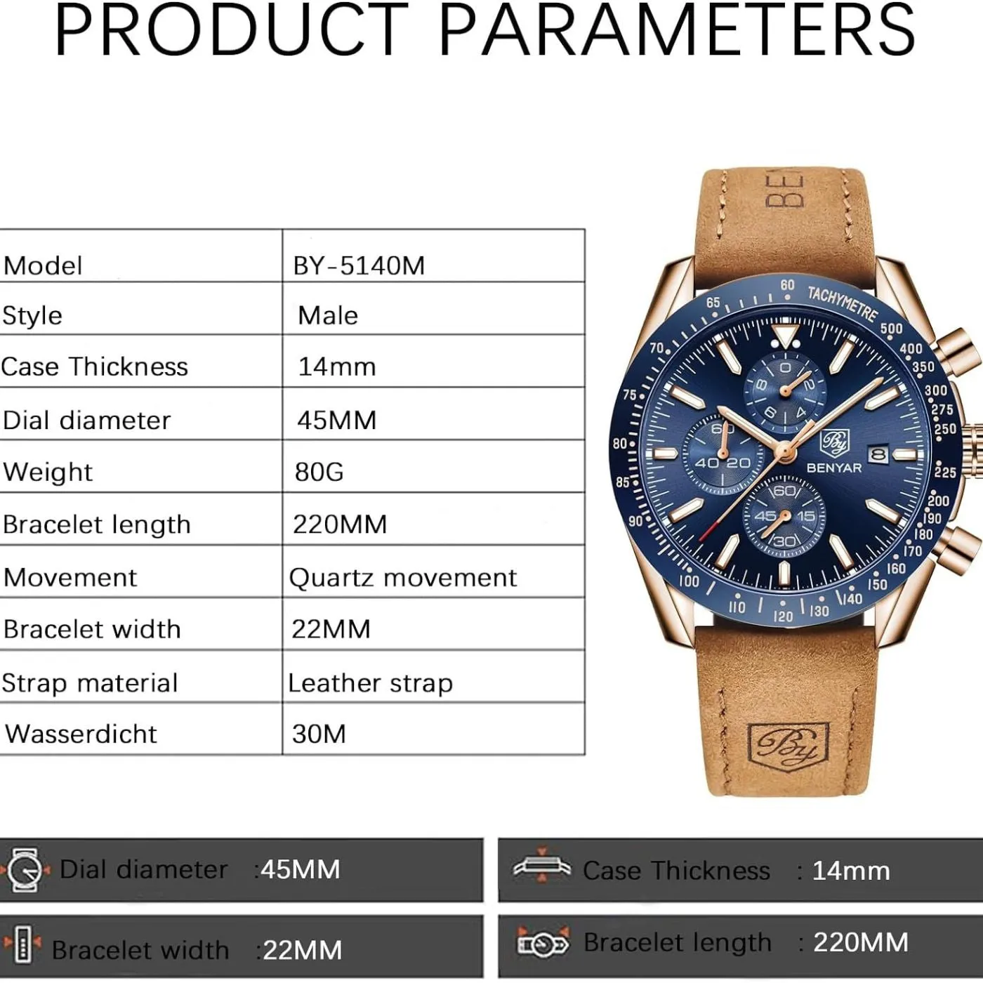 BENYAR Men's Luxury Business Casual Party-Wear Leather Chronograph Date Display Watch