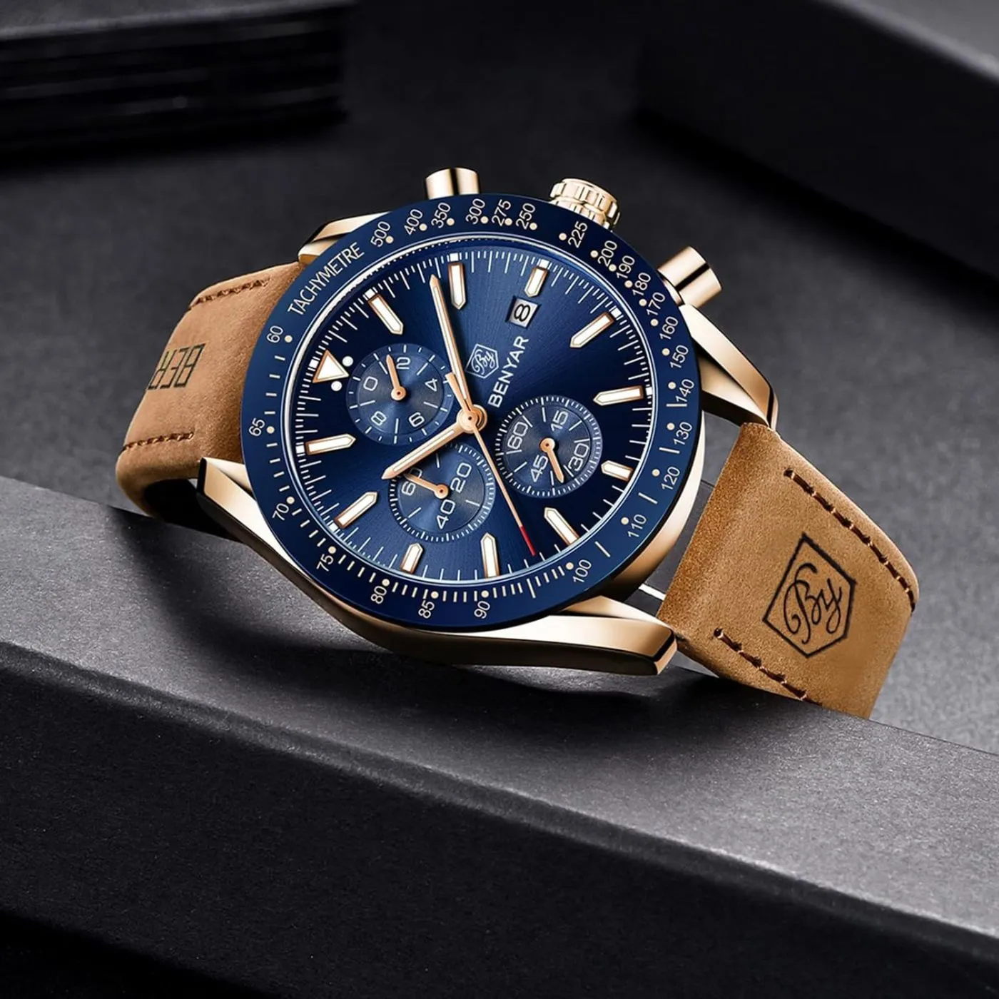 BENYAR Men's Luxury Business Casual Party-Wear Leather Chronograph Date Display Watch
