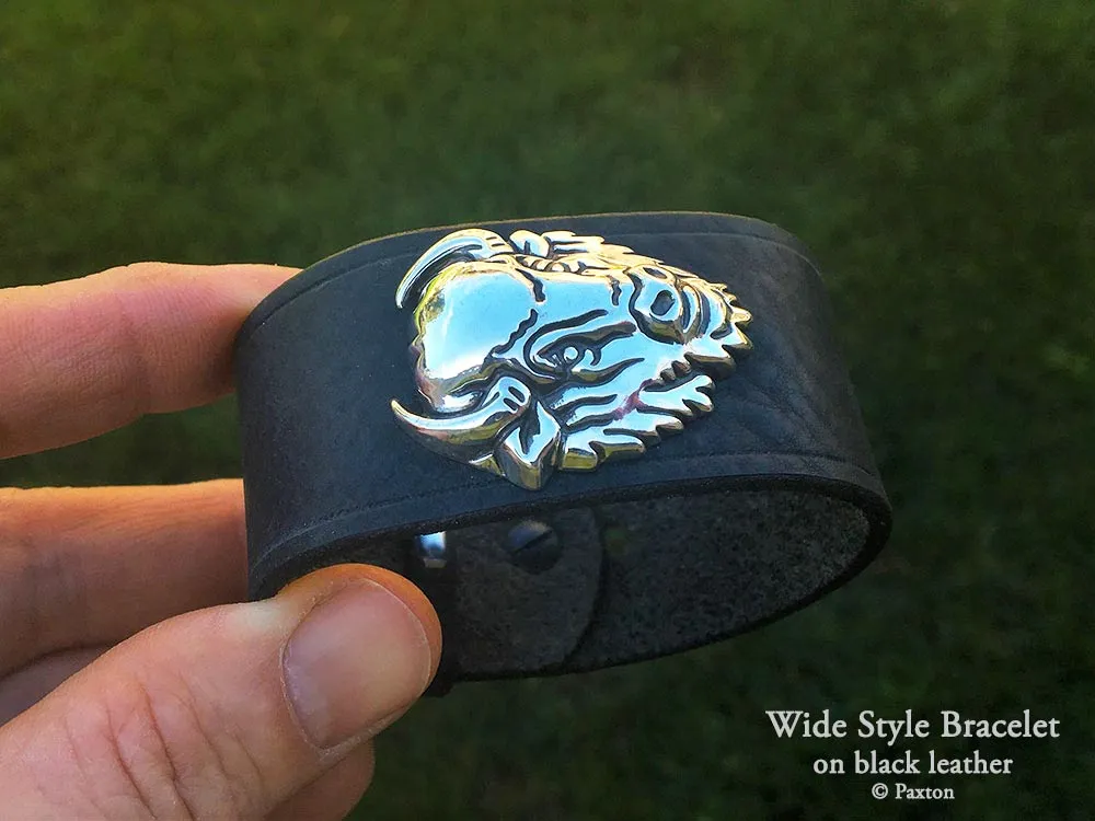 Bison Buffalo Head Bracelet Sterling Silver on Genuine Leather