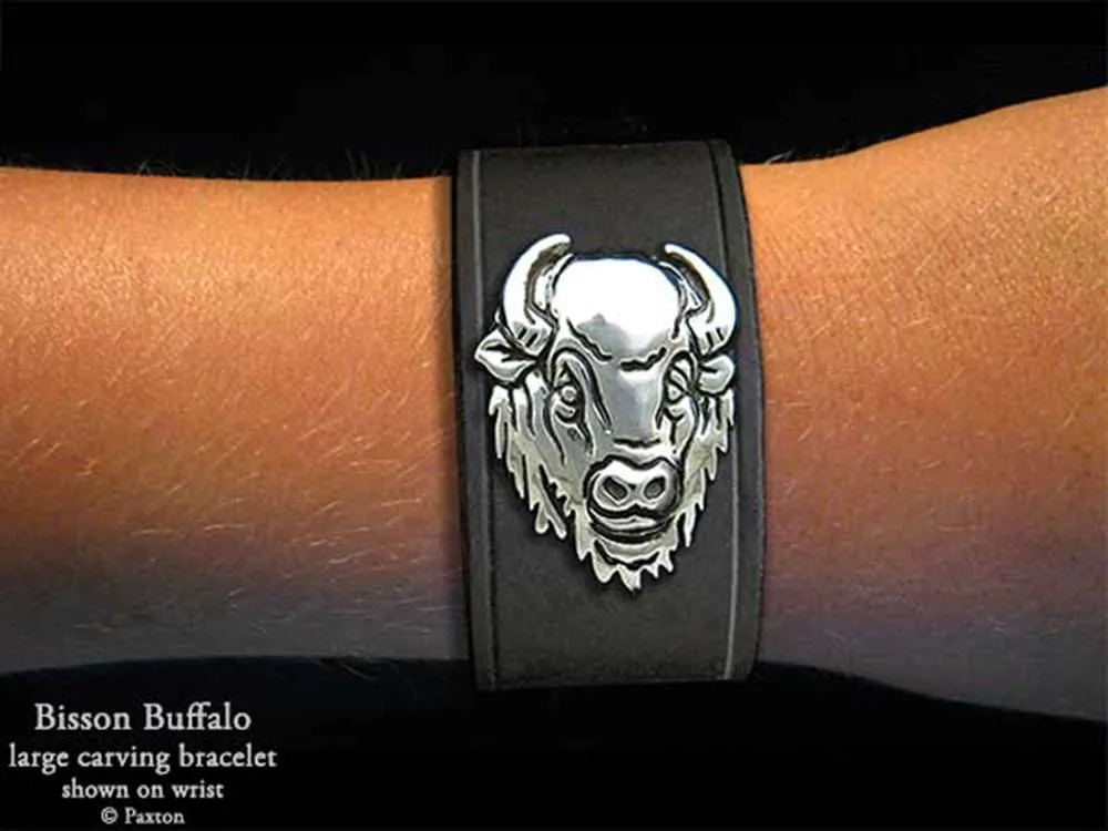 Bison Buffalo Head Bracelet Sterling Silver on Genuine Leather