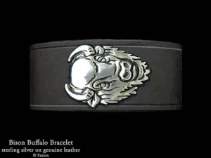 Bison Buffalo Head Bracelet Sterling Silver on Genuine Leather