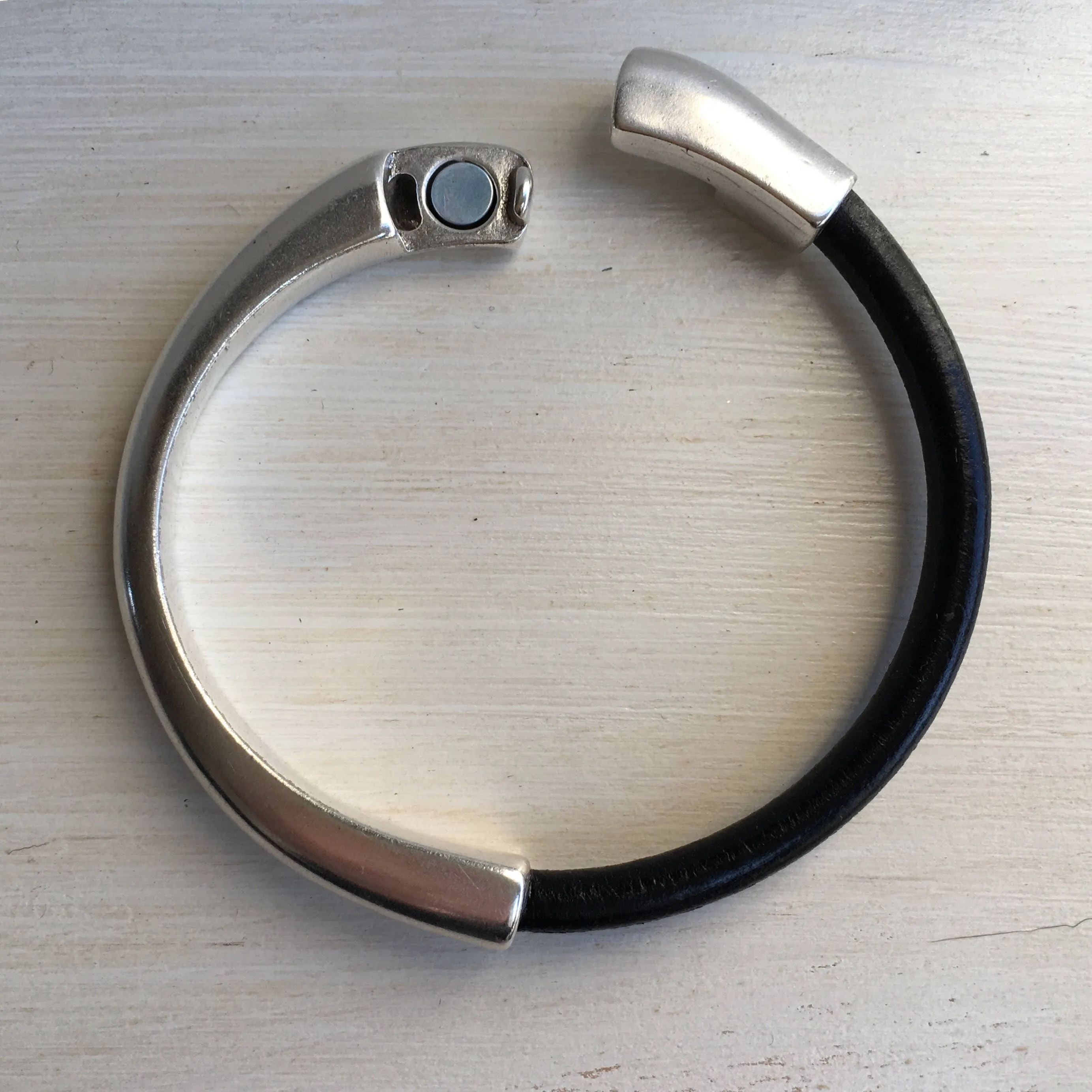 Black Leather Cuff Bracelet for Women with Silver Half Cuff Magnetic Clasp