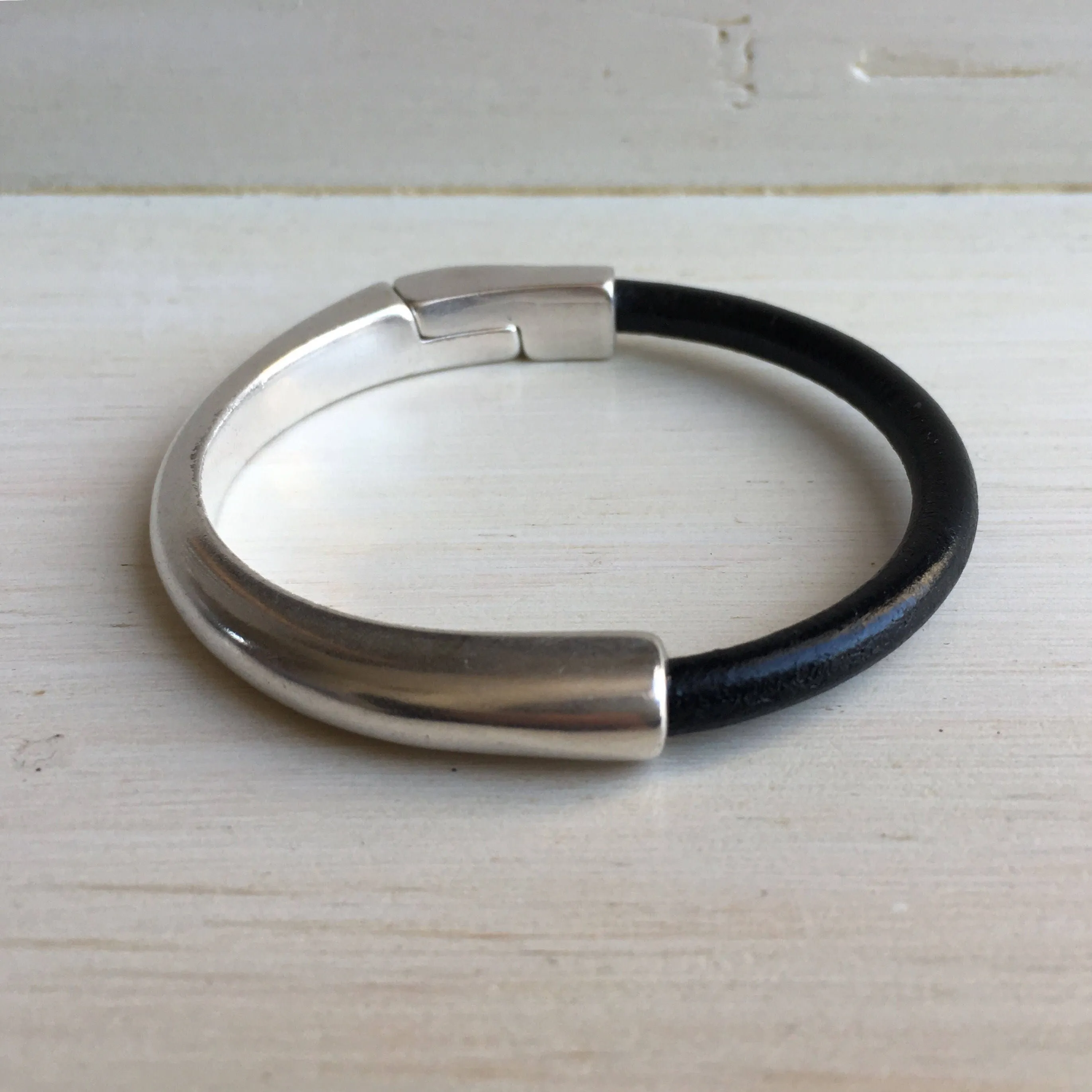 Black Leather Cuff Bracelet for Women with Silver Half Cuff Magnetic Clasp