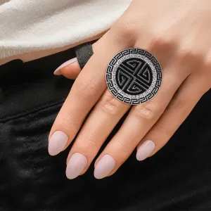 Black Round Greek Cocktail Ring Silver Plated