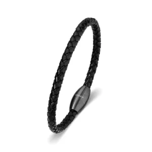 Blaze Black Leather Bangle with Stainless Steel Clasp