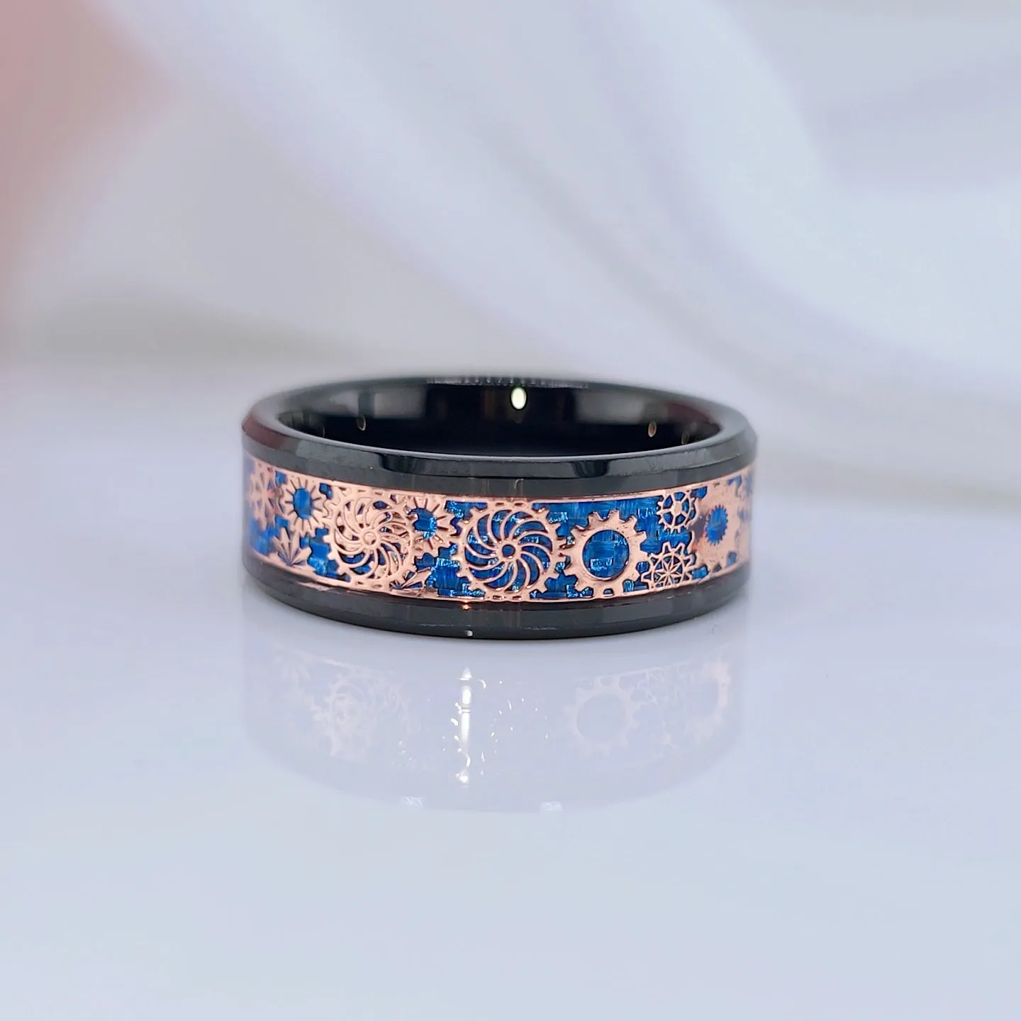Blue & Gears Inlay Men's Tungsten Wedding Band