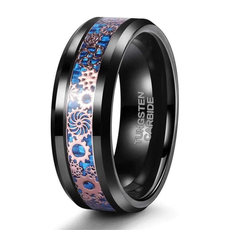 Blue & Gears Inlay Men's Tungsten Wedding Band