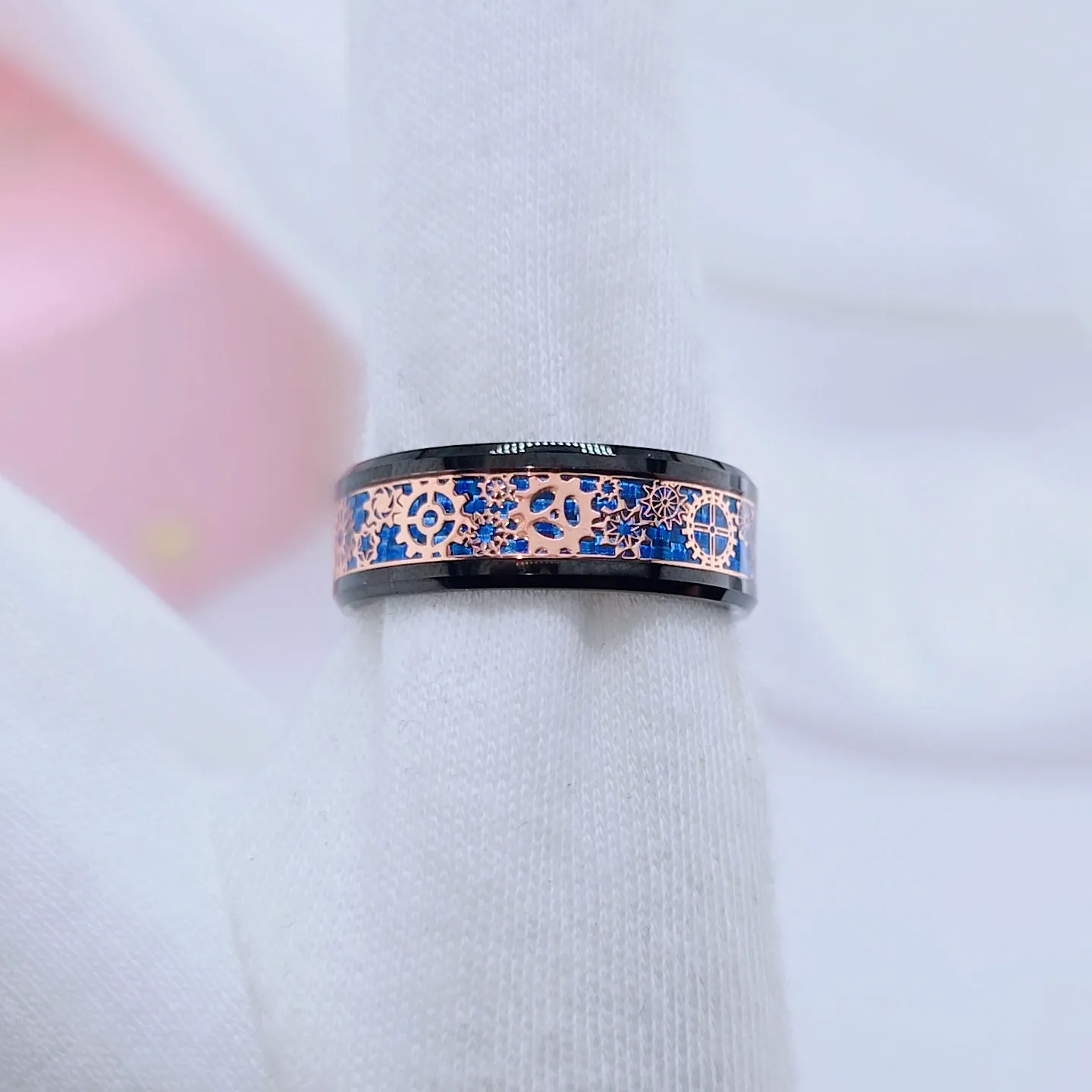 Blue & Gears Inlay Men's Tungsten Wedding Band