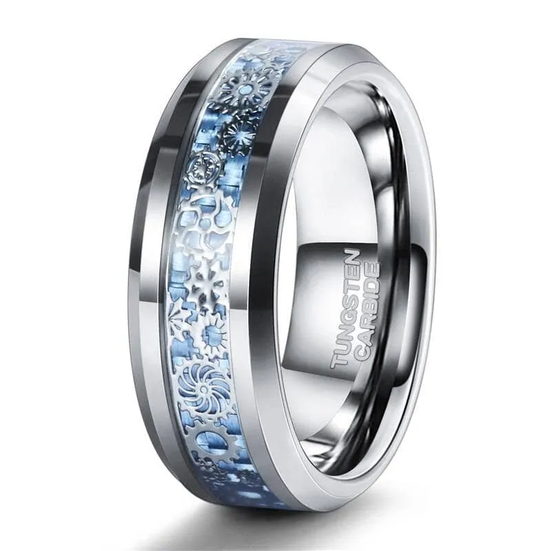 Blue & Gears Inlay Men's Tungsten Wedding Band