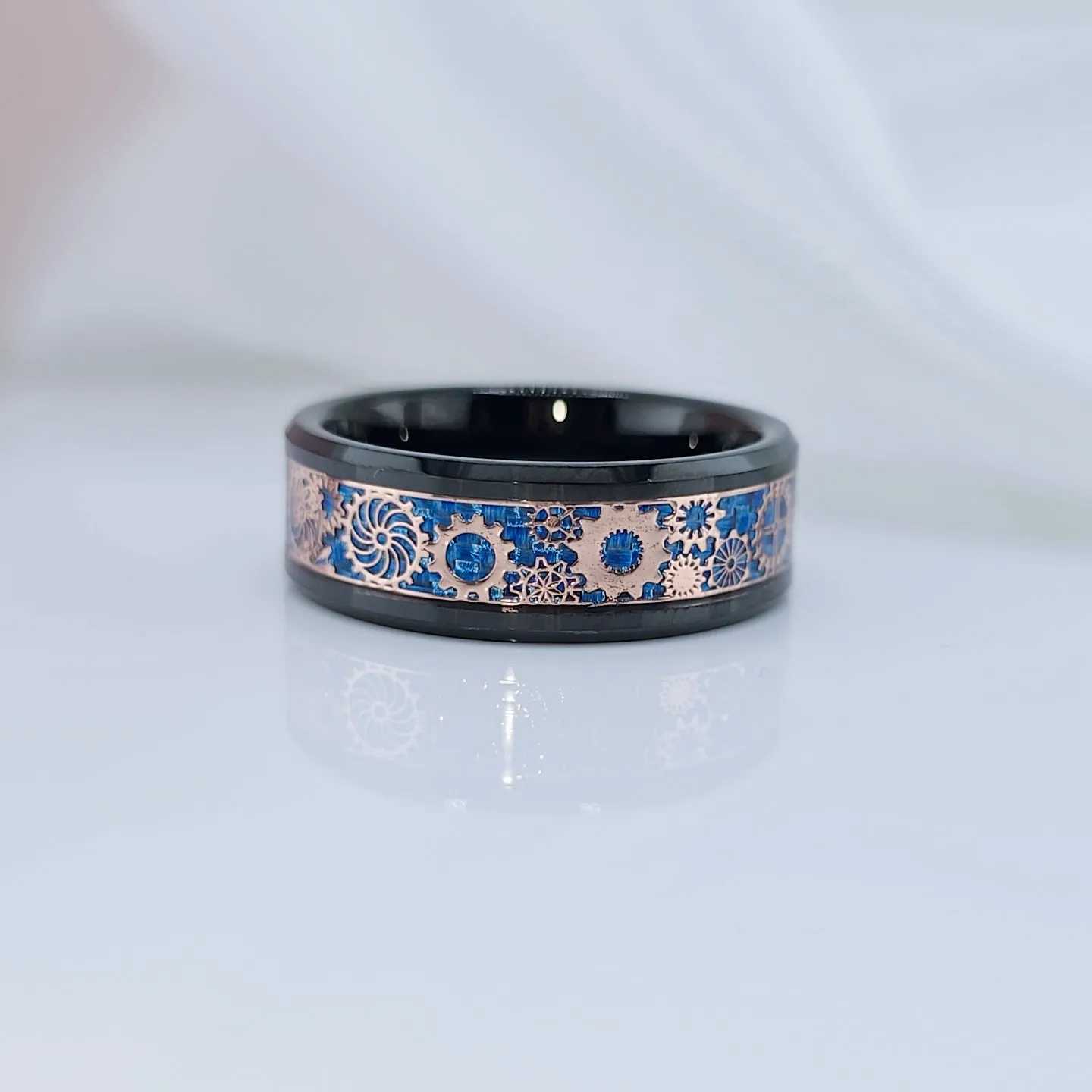 Blue & Gears Inlay Men's Tungsten Wedding Band