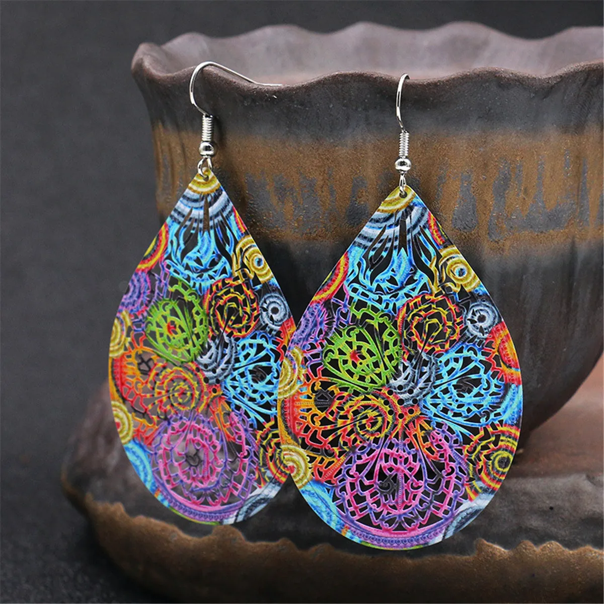 Blue & Purple Enamel Abstract Teardrop Dangle Earrings