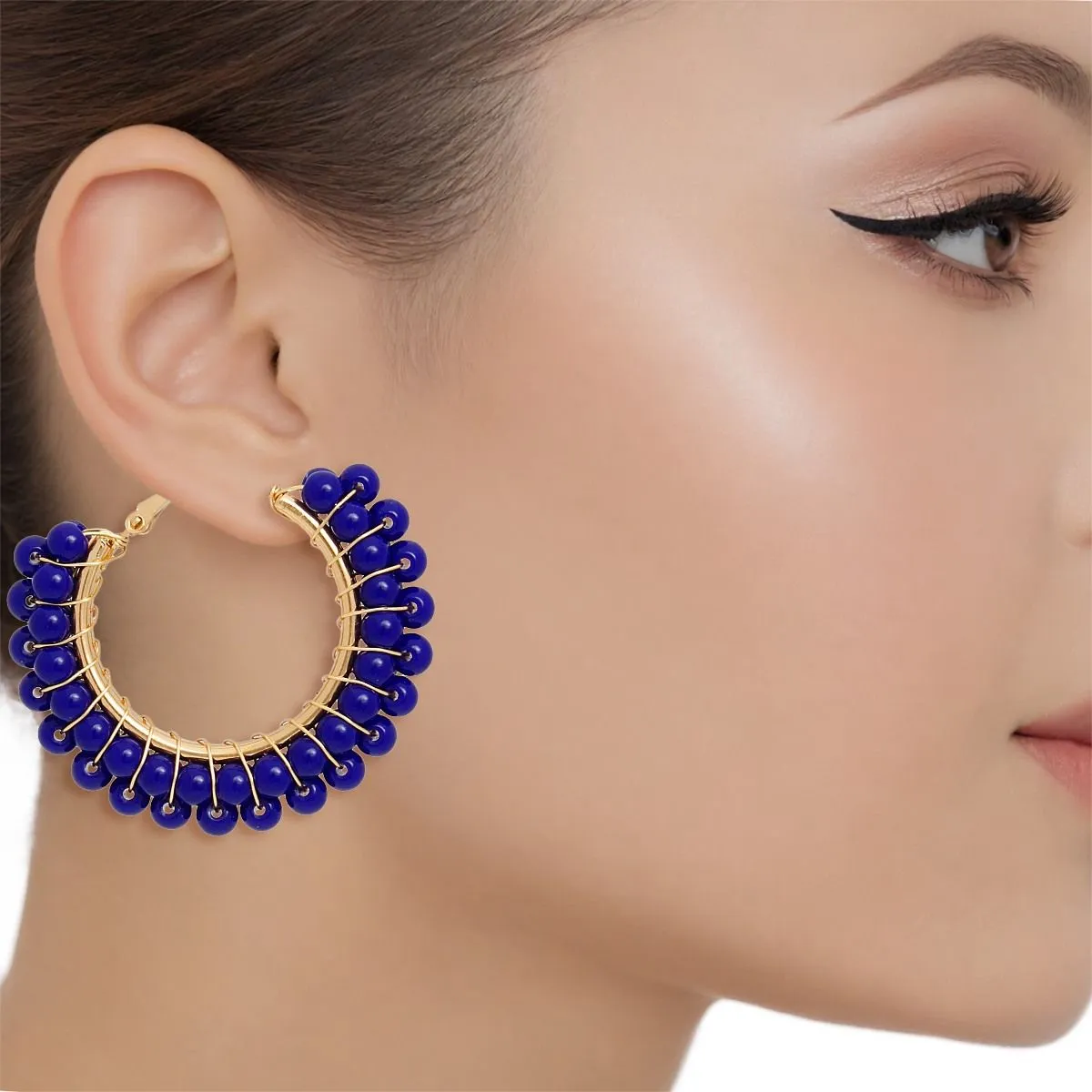 Blue Beaded Hoop Earrings - Gold-Tone Statement Earrings with Vibrant Acrylic Beads