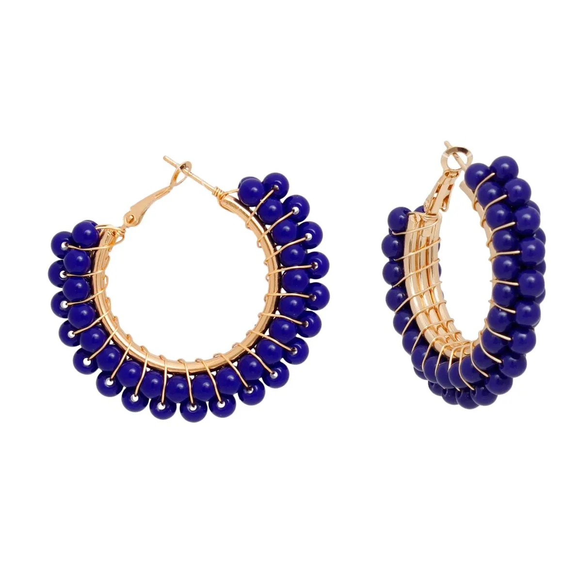 Blue Beaded Hoop Earrings - Gold-Tone Statement Earrings with Vibrant Acrylic Beads