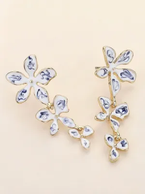 Blue Ceramic Flower Link Chain Dangle Earrings