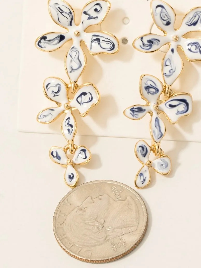 Blue Ceramic Flower Link Chain Dangle Earrings