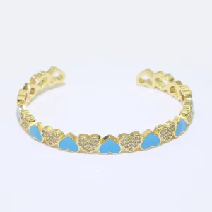 Blue Heart Enamel 14k Gold Filled Adjustable Bangle, Gold Cuff Bangle Bracelet Micro Pave Jewelry