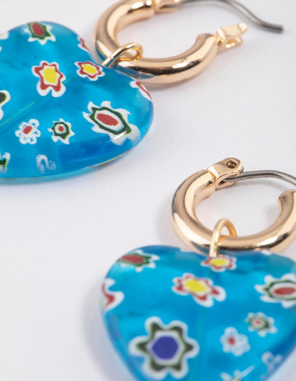 Blue Printed Heart Hoop Earrings