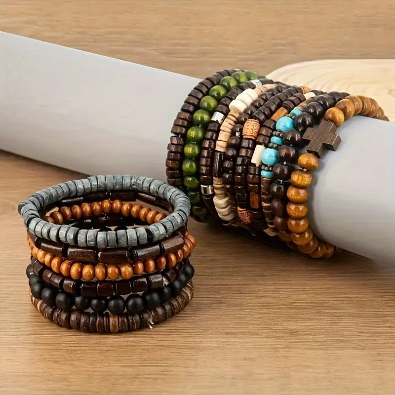 Bohemian Style Wooden Bead Bracelet Set - 16pcs