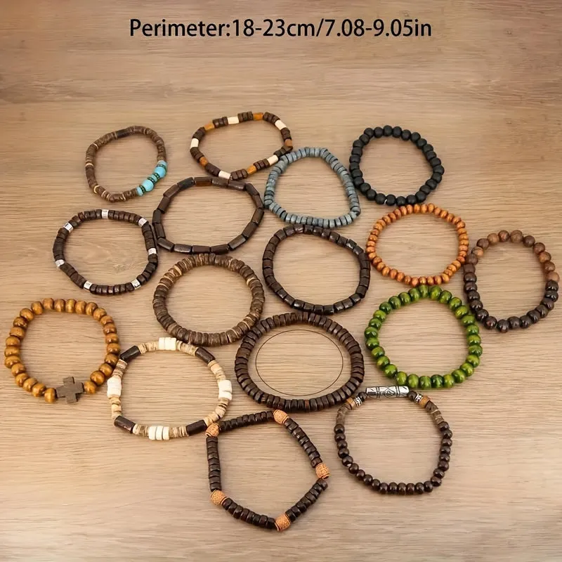 Bohemian Style Wooden Bead Bracelet Set - 16pcs
