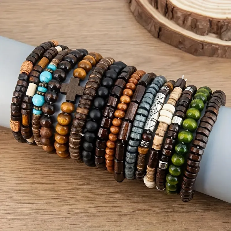 Bohemian Style Wooden Bead Bracelet Set - 16pcs