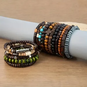 Bohemian Style Wooden Bead Bracelet Set - 16pcs