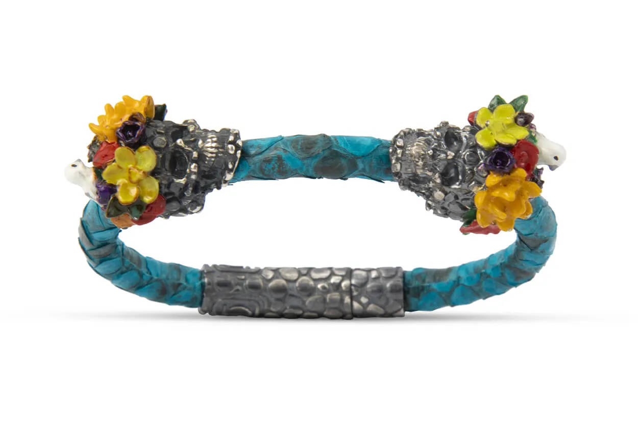 Bracelet LivingSkull Women Phyton Leather & Two Human Skulls