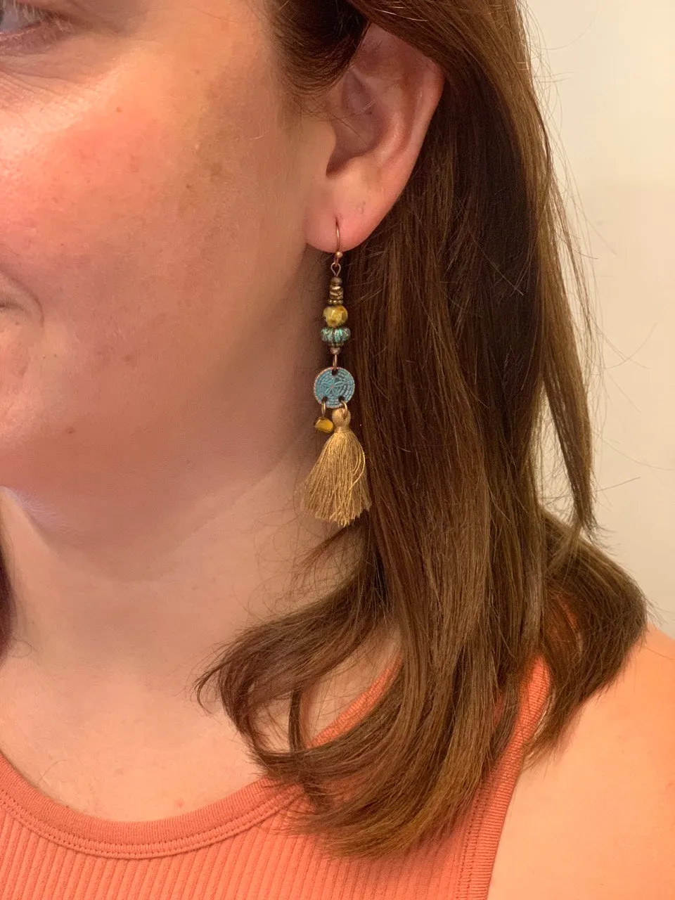 Brown & Turquoise Beaded Tassel Earrings