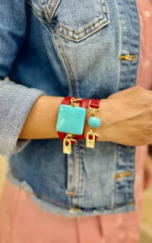Bundle Bracelet with Red Leather and Turquoise Stones