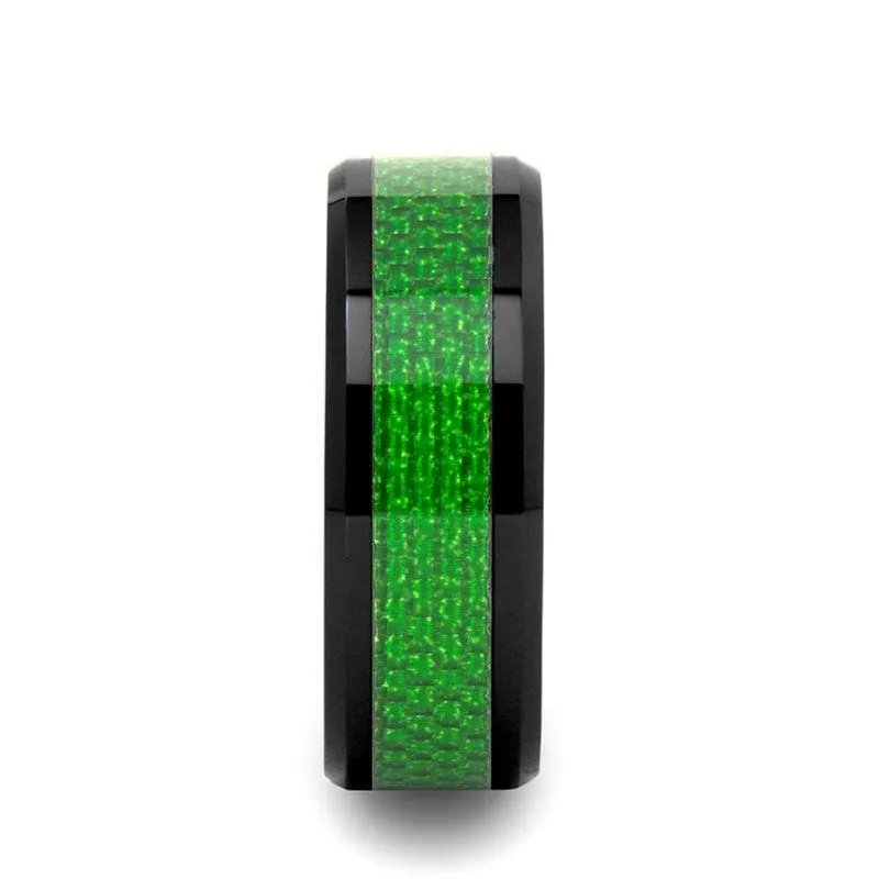 BUNIM Men's Black Ceramic Ring With Emerald Green Carbon Fiber Inlay - 8mm