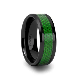 BUNIM Men's Black Ceramic Ring With Emerald Green Carbon Fiber Inlay - 8mm