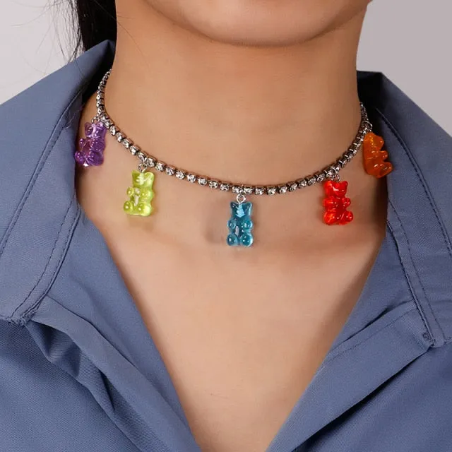Candy Color Stars Hearts Gummy Mini Bear Chain Necklaces for Women Cute Crtoon Animal Pendants Jewelry