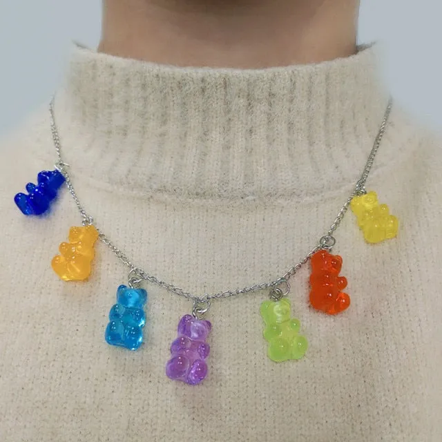Candy Color Stars Hearts Gummy Mini Bear Chain Necklaces for Women Cute Crtoon Animal Pendants Jewelry