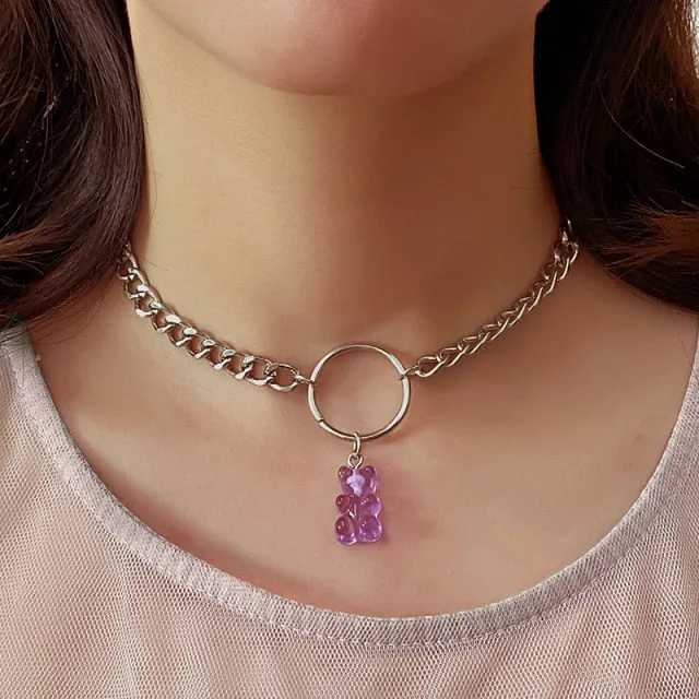 Candy Color Stars Hearts Gummy Mini Bear Chain Necklaces for Women Cute Crtoon Animal Pendants Jewelry